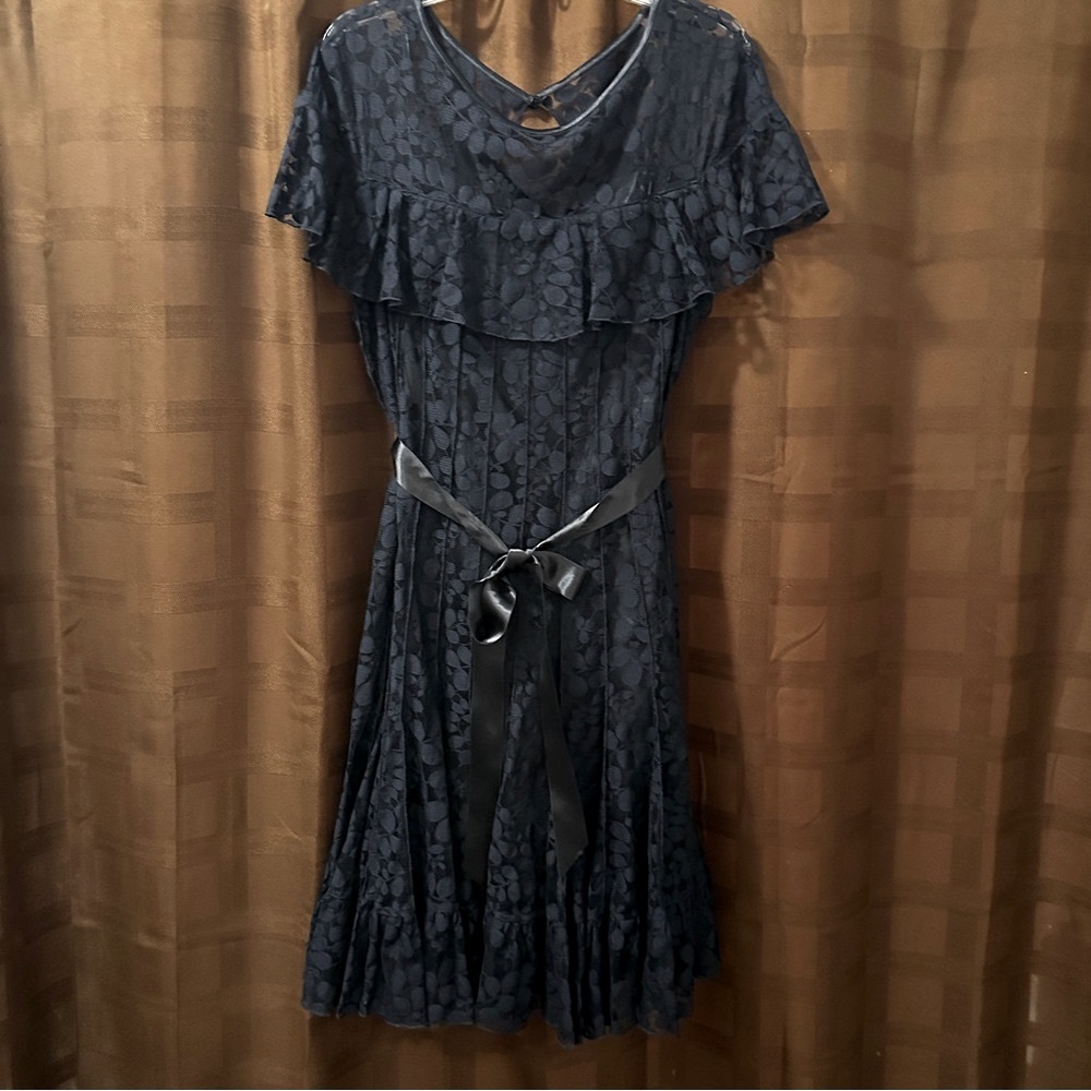Teri Jon by Ricky Freeman Lace Overlay Midi Dress with Ribbon Waist size 18